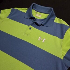 Under Armour Mens HeatGear Striped Polo Shirt Green Blue MD Regular Short Sleeve
